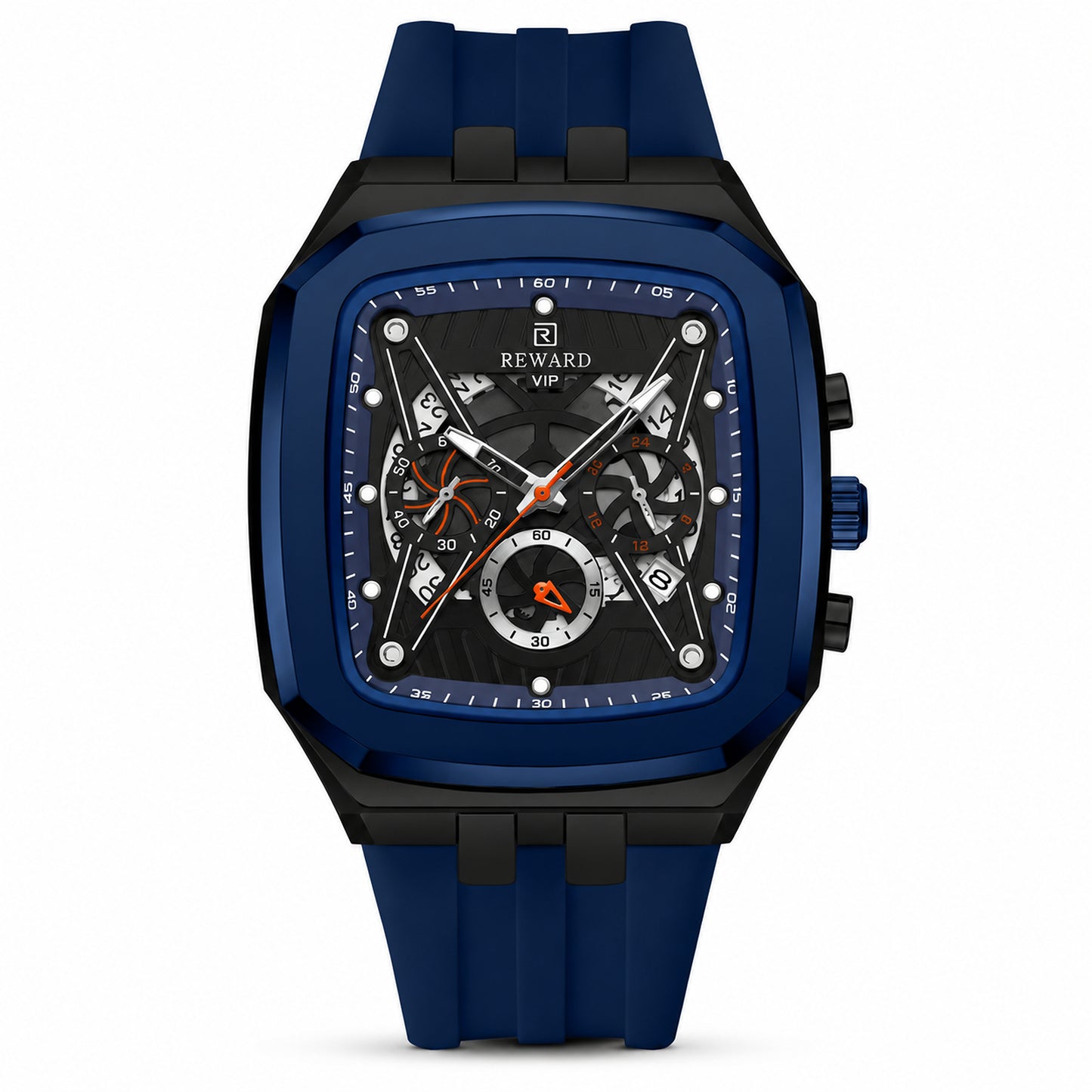 RD Blue Chrome — Cronógrafo skeleton azul frontal