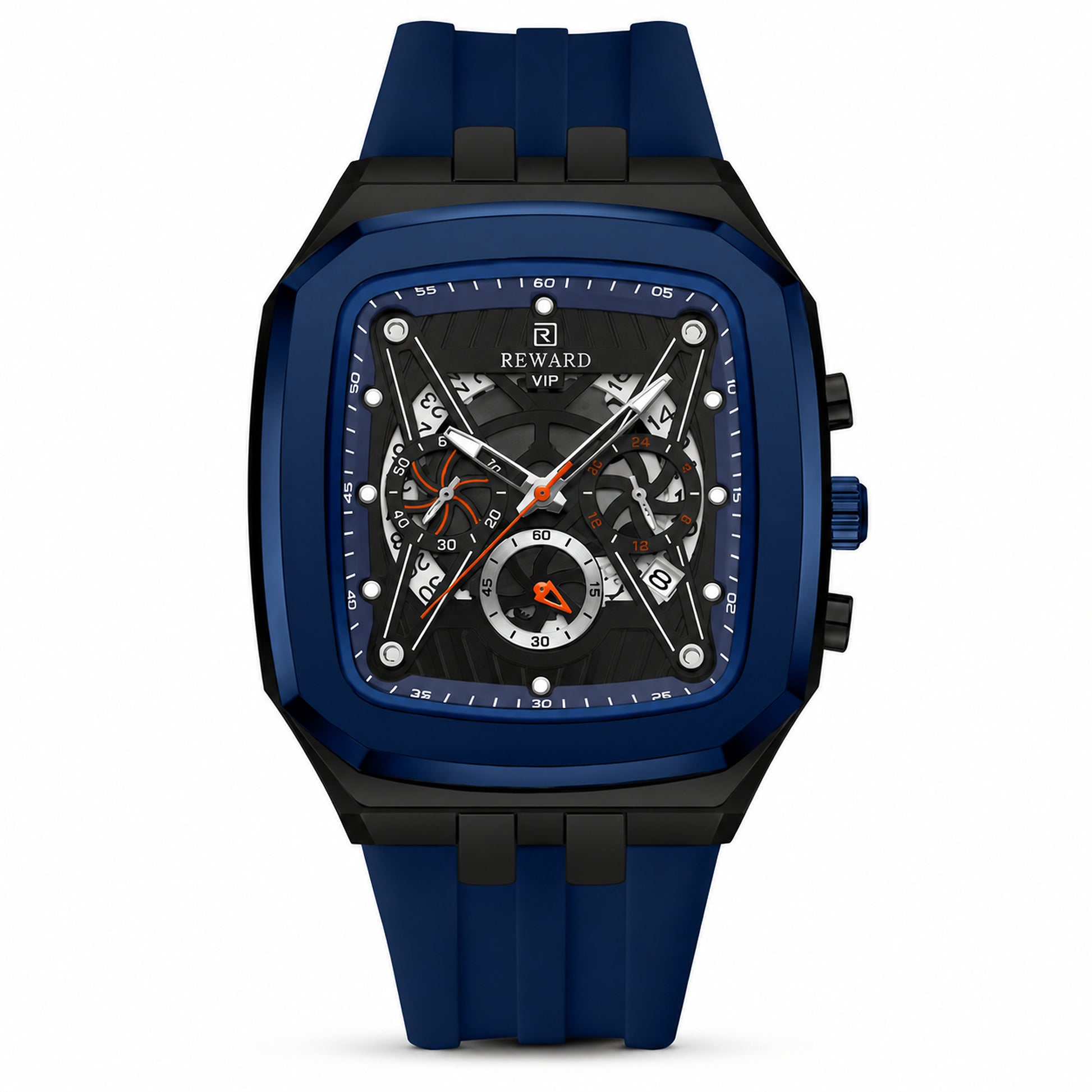 RD Blue Chrome — Cronógrafo skeleton azul frontal