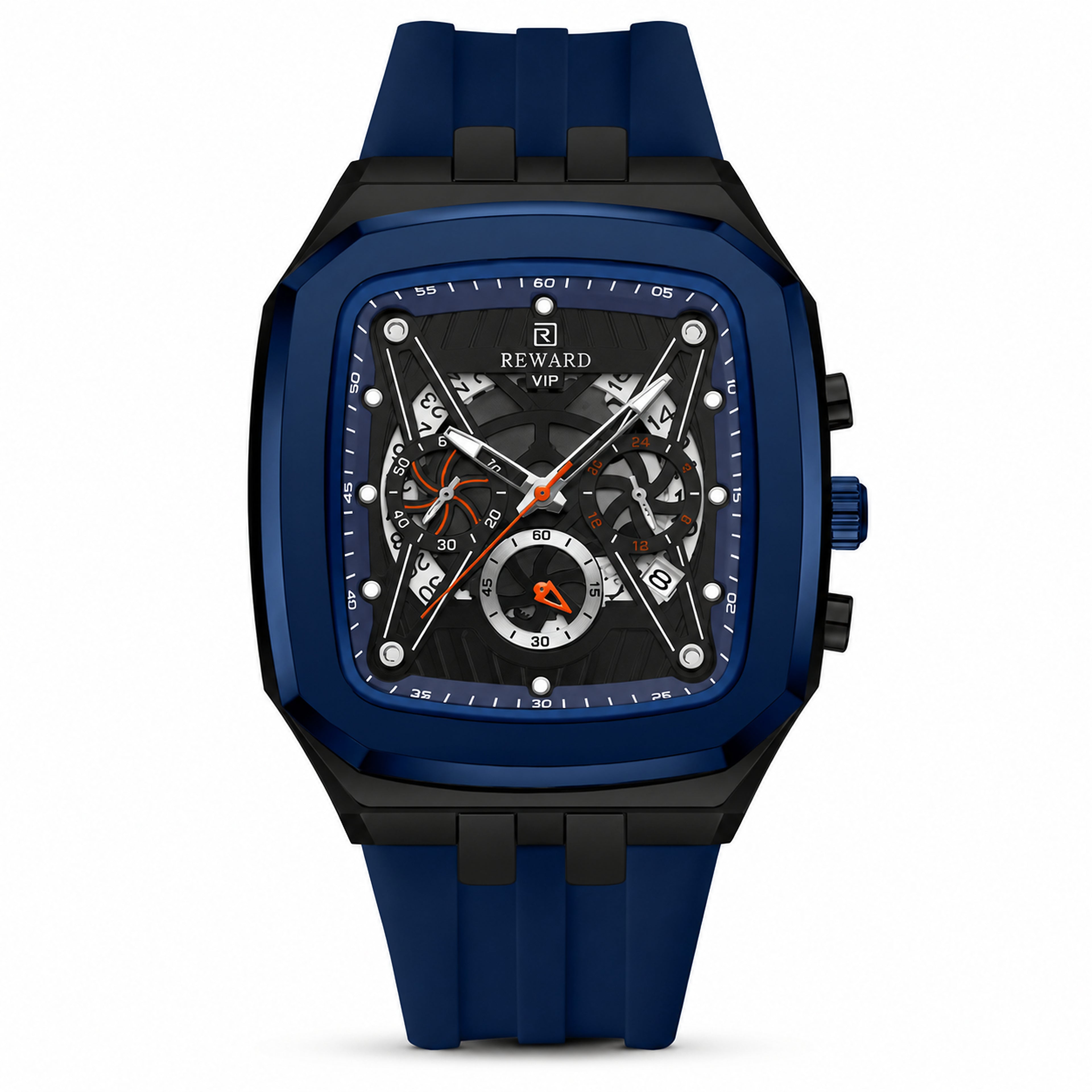 RD Blue Chrome — Cronógrafo skeleton azul frontal