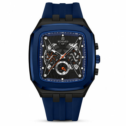 RD Blue Chrome — Cronógrafo skeleton azul frontal