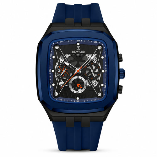 RD Blue Chrome — Cronógrafo skeleton azul frontal